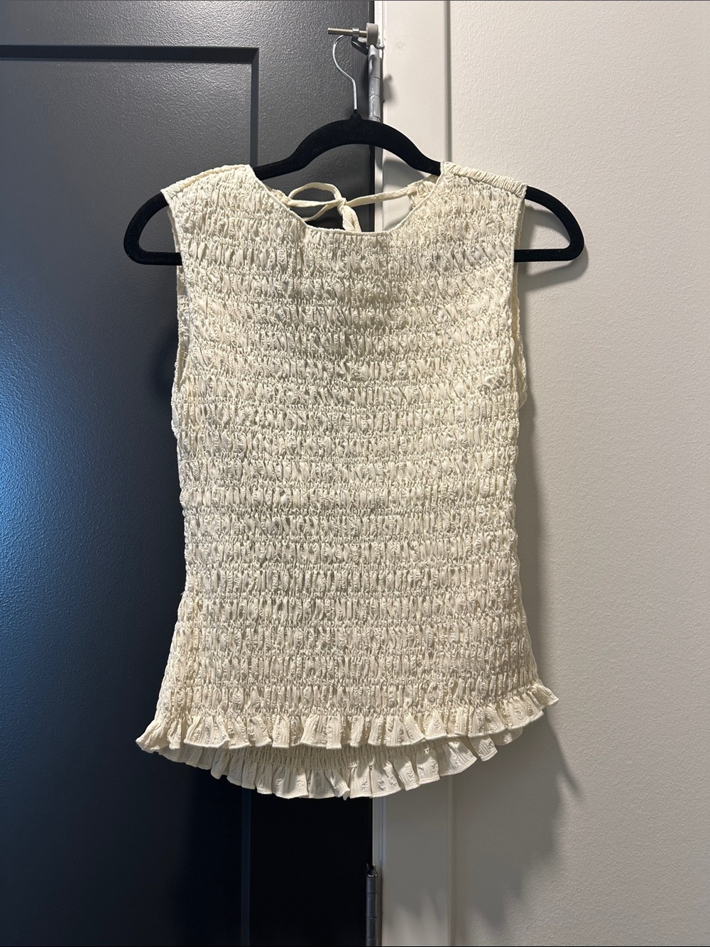 Grey Bandit Women's Cream Smocked Ruffle Hem Tank Top with Open Back